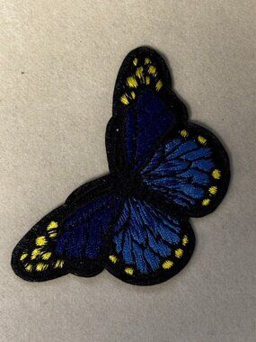Blue Butterfly Embroidered Patch Iron-On Appliqué Black Yellow Accent